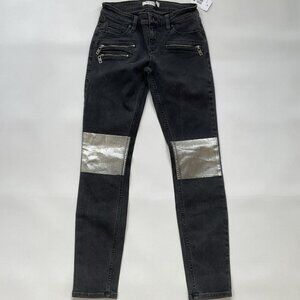 Guess Women’s Moto Zip Skinny Jeans In Black With Knee Silver Patch Size 27